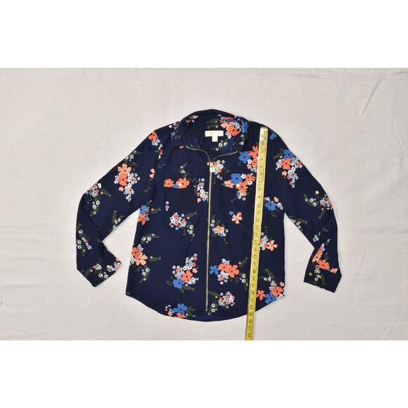 Michael Kors Women's Blue Floral Long Sleeve Full Zip Blouse Regular Size L Poly - Picture 2 of 8